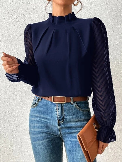 Jane – Women's Half-Turtleneck Wavy Chiffon Long-Sleeve Top