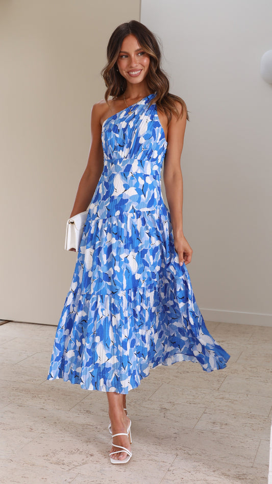 Valerie Maxi Dress - Elegant Blue Floral One-Shoulder Gown