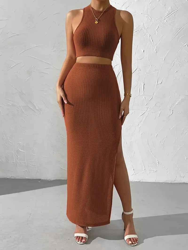 Thalia - Chic Sleeveless Crop Top and Maxi Skirt Knitted Set - Women's