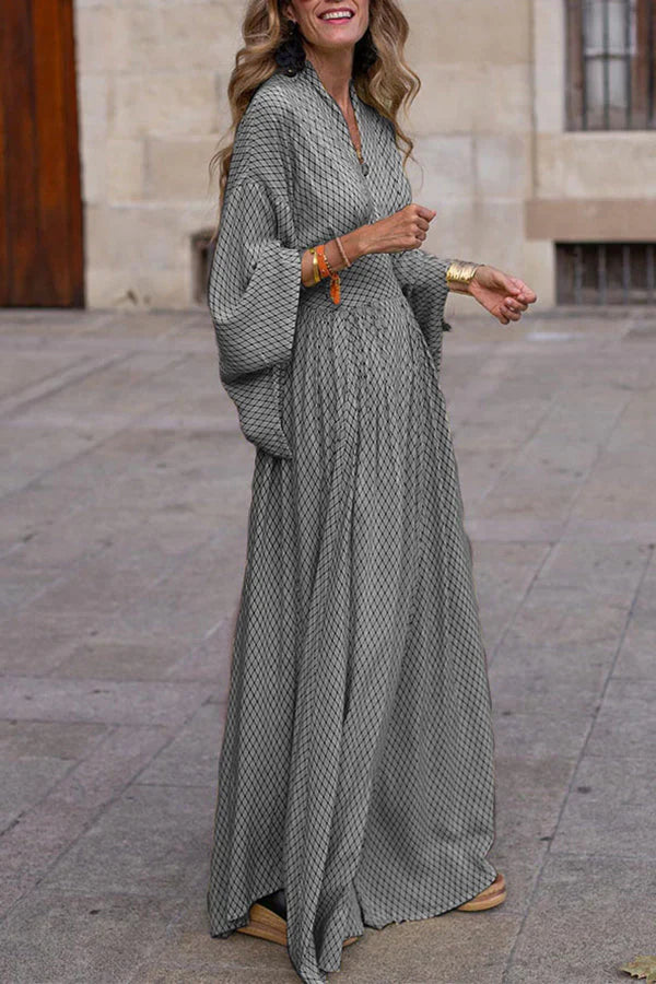 Renata – Long Sleeve V-Neck Maxi Dress with Geometric Print