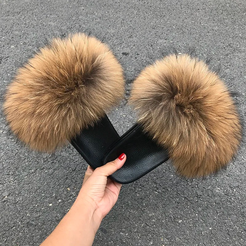 Olivet - Fluffy Real Fur Slippers for Women