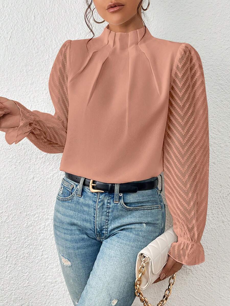 Jane – Women's Half-Turtleneck Wavy Chiffon Long-Sleeve Top