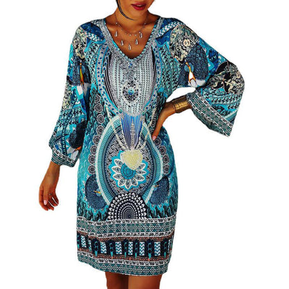 Tracy – Women's Ethnic Printed Long Sleeve V-Neck Casual Dress