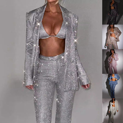 Lydia – Shiny Party Suit with Bra Lapel Blazer and Trousers