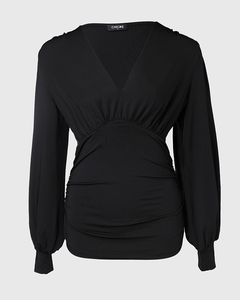 Vivienne - Plunge Lantern Sleeve Ruched Top