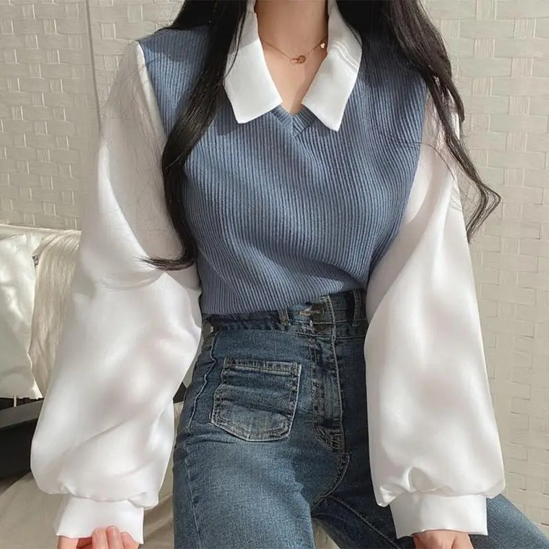 Skye - Stylish Knit Vest and Collared Shirt Set for Women