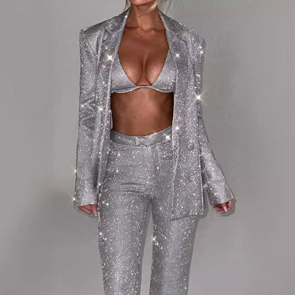 Lydia – Shiny Party Suit with Bra Lapel Blazer and Trousers