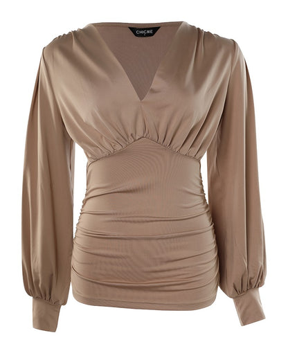 Vivienne - Plunge Lantern Sleeve Ruched Top