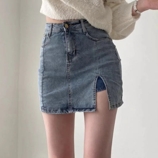 Felicity - Trendy Side Slit High Rise Denim Skirt - Women's