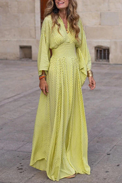 Renata – Long Sleeve V-Neck Maxi Dress with Geometric Print