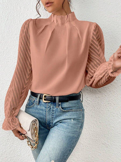 Jane – Women's Half-Turtleneck Wavy Chiffon Long-Sleeve Top