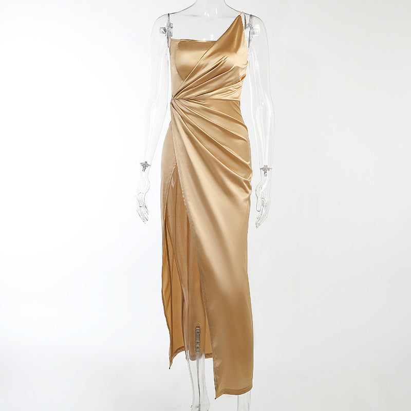 Georgina – Single Shoulder Satin Dress with Slit