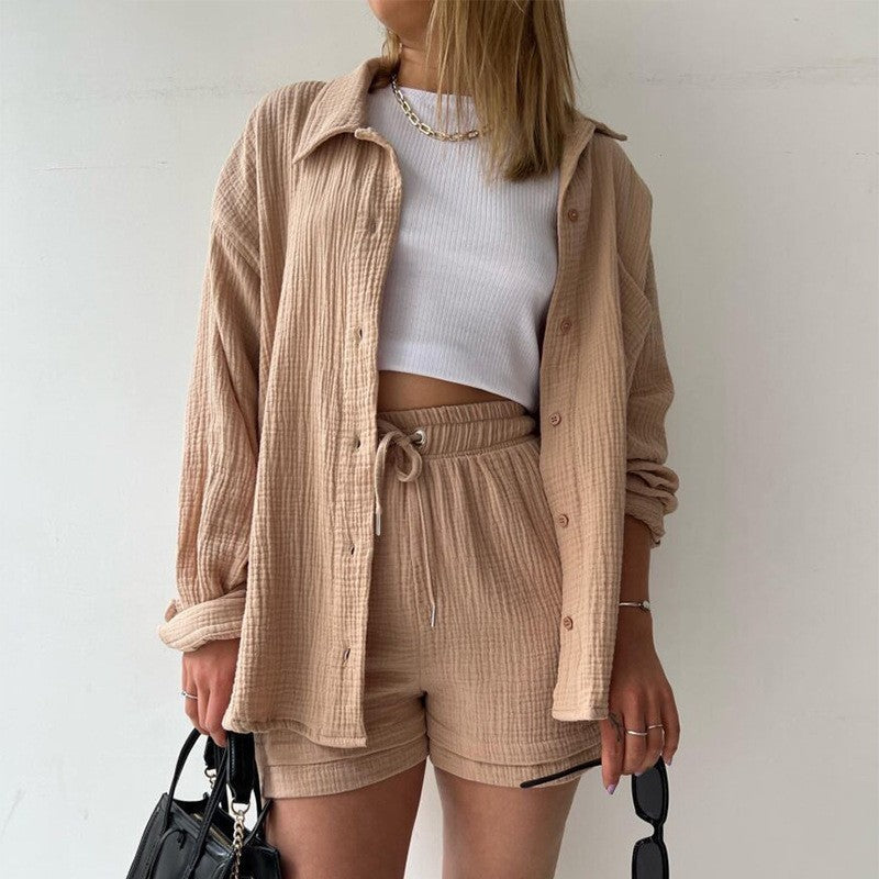 Lauren – Spring Champray Lapel Long Sleeve Shirt and High Waist Drawstring Shorts Set