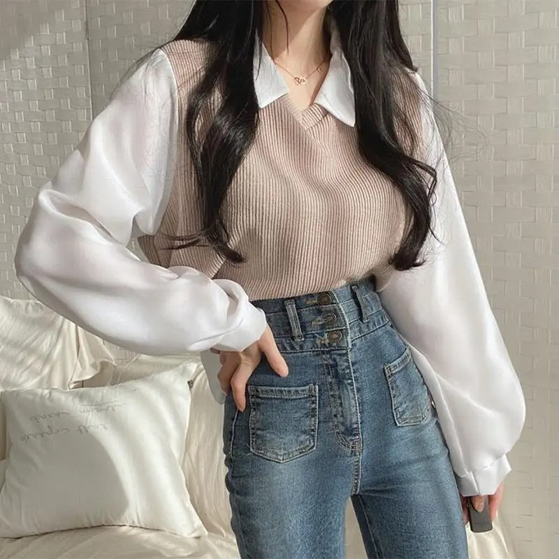 Skye - Stylish Knit Vest and Collared Shirt Set for Women