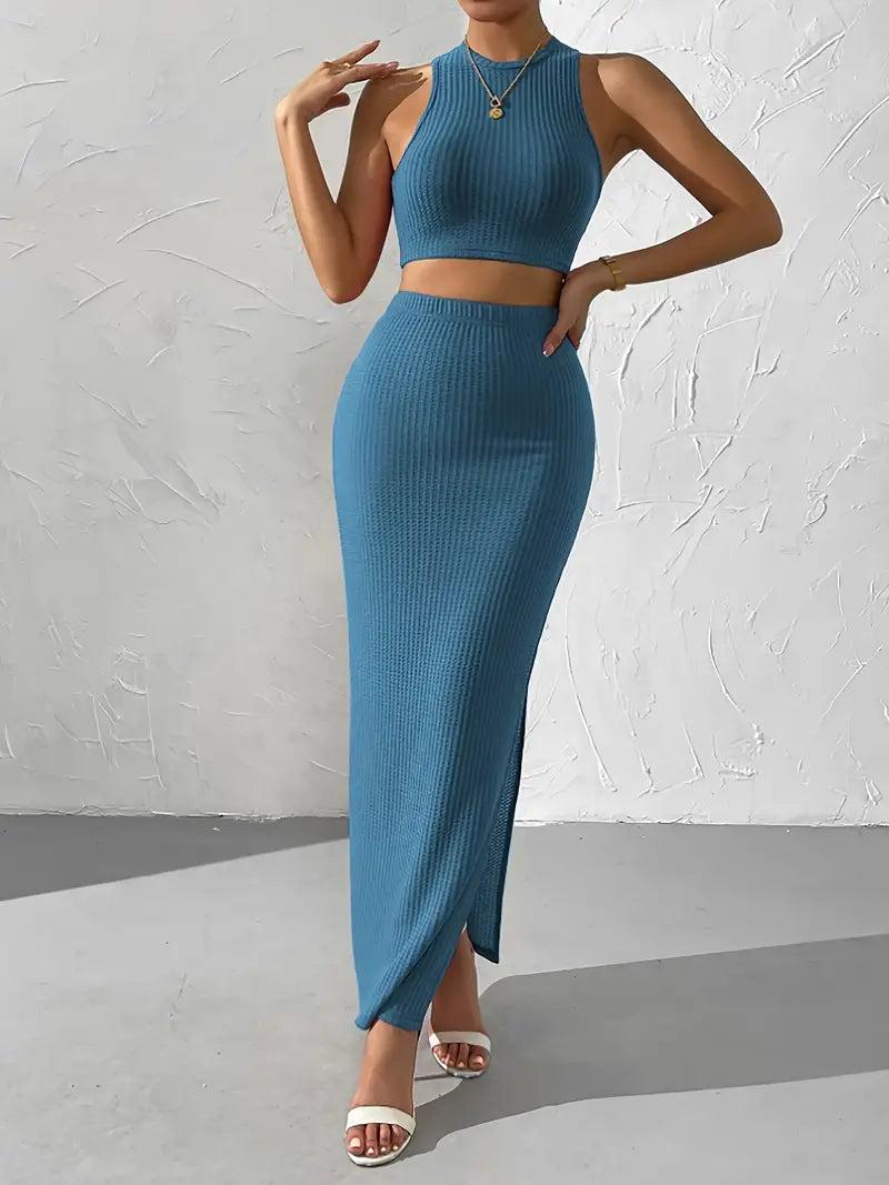 Thalia - Chic Sleeveless Crop Top and Maxi Skirt Knitted Set - Women's