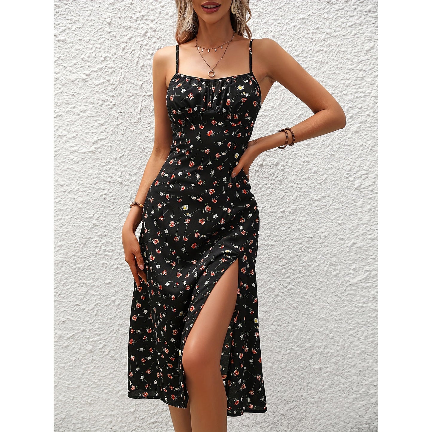 Catherine – Polka Dot Suspender Dress with Slit