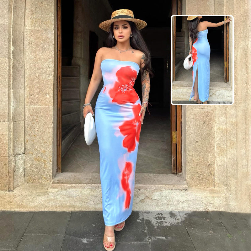 Barbara – Long Slit Tube Dress with Painted Design