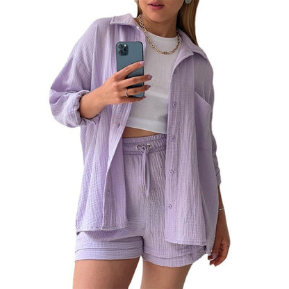 Lauren – Spring Champray Lapel Long Sleeve Shirt and High Waist Drawstring Shorts Set