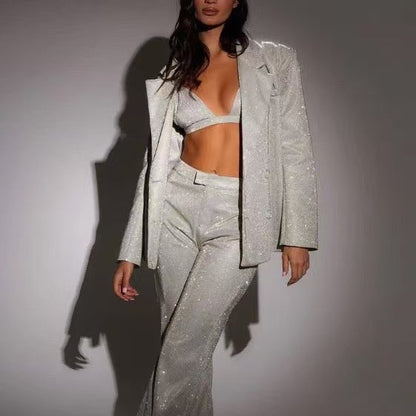 Lydia – Shiny Party Suit with Bra Lapel Blazer and Trousers