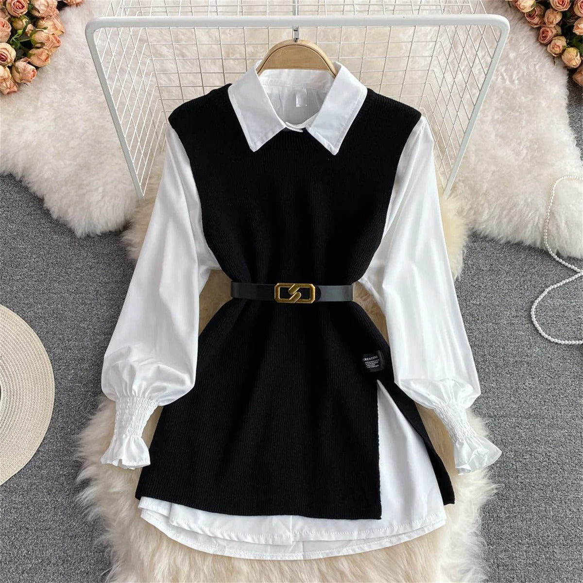 Skye - Stylish Knit Vest and Collared Shirt Set for Women