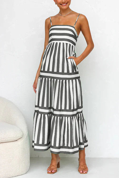 Camille - Spaghetti Strap Tiered Color Block Maxi Dress