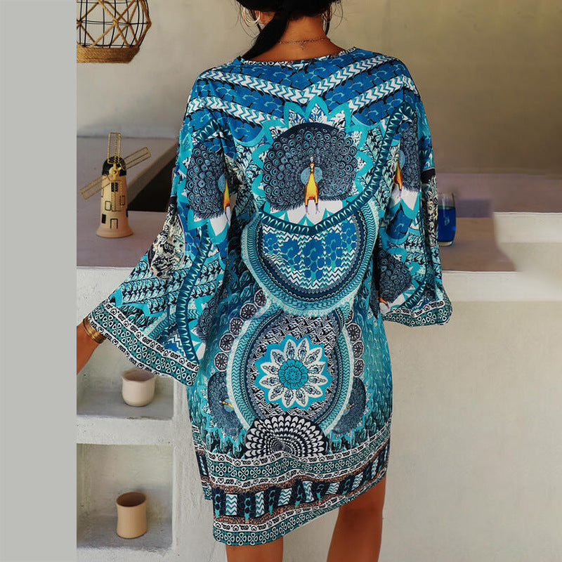 Tracy – Women's Ethnic Printed Long Sleeve V-Neck Casual Dress