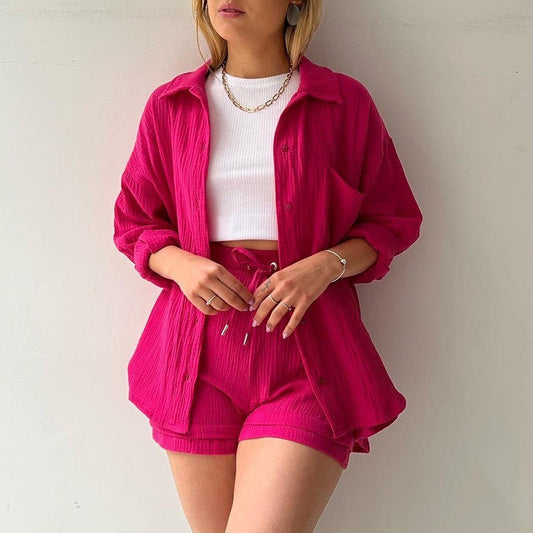 Lauren – Spring Champray Lapel Long Sleeve Shirt and High Waist Drawstring Shorts Set