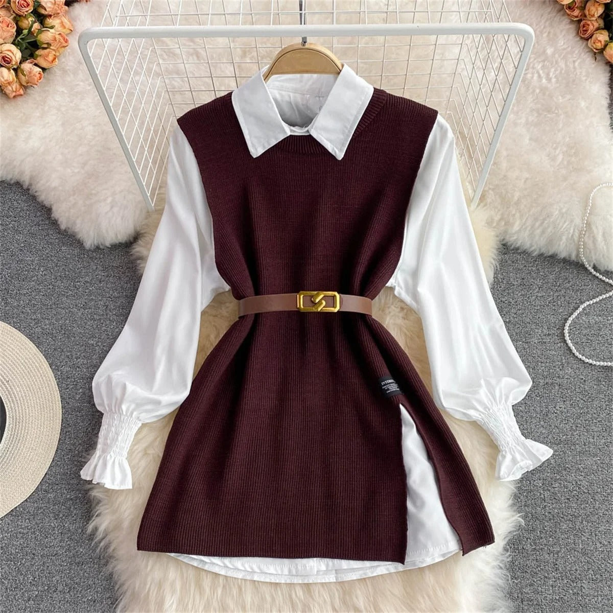 Skye - Stylish Knit Vest and Collared Shirt Set for Women