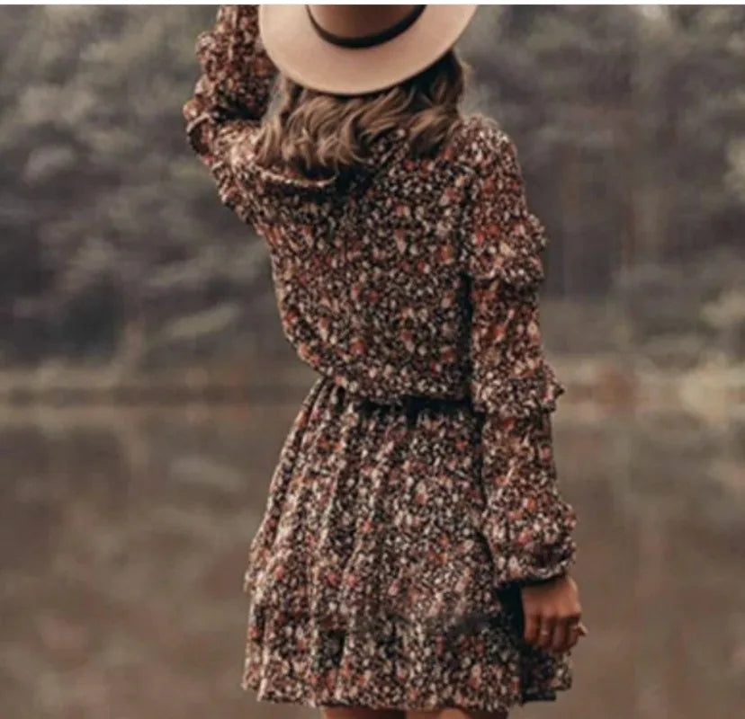 Naxi™-Floral Print Crewneck Long Sleeve Dress for Women