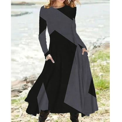 Josephine - Chic Contrast Color Long Sleeve Midi Dress for Women