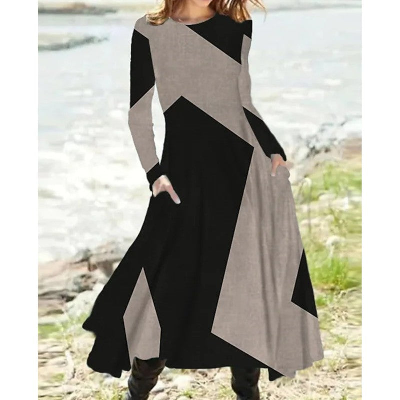 Josephine - Chic Contrast Color Long Sleeve Midi Dress for Women