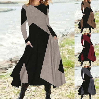 Josephine - Chic Contrast Color Long Sleeve Midi Dress for Women