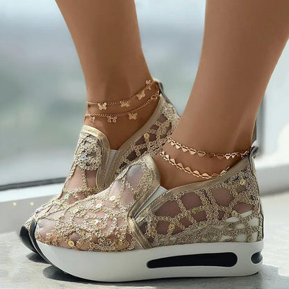 Julia – Women's Floral Embroidery Mesh Wedge Sneakers