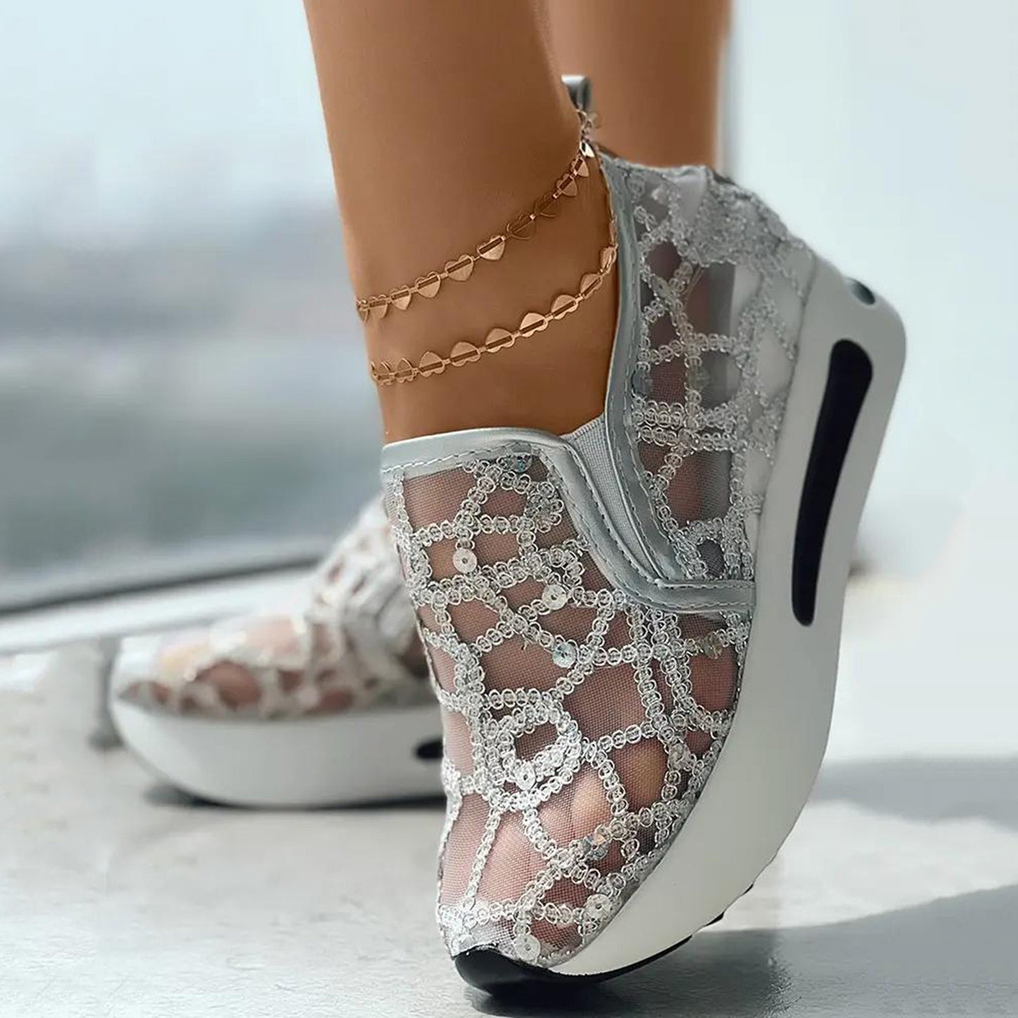 Julia – Women's Floral Embroidery Mesh Wedge Sneakers