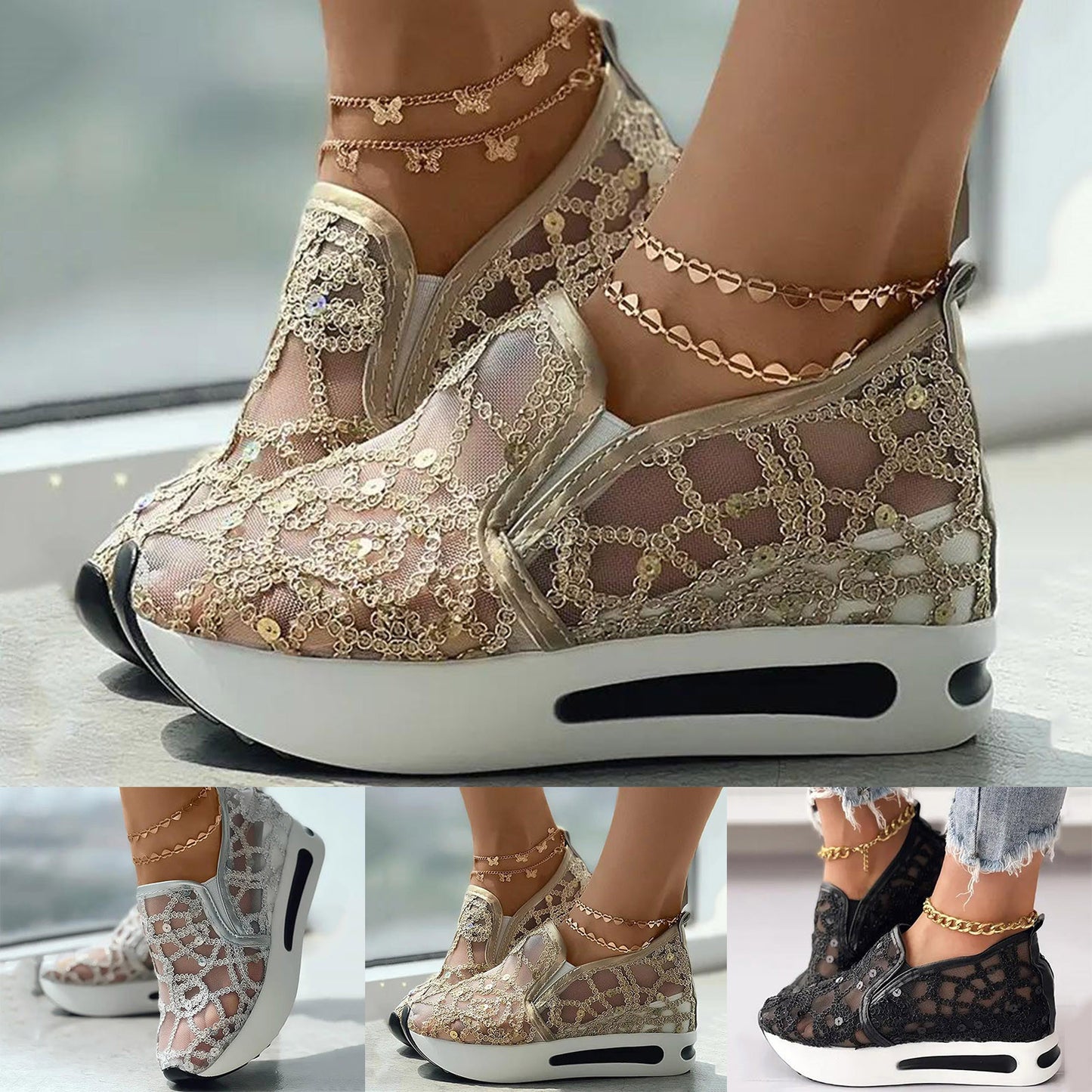 Julia – Women's Floral Embroidery Mesh Wedge Sneakers