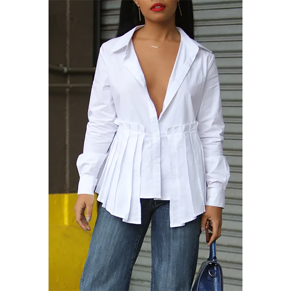 Samantha – Plus Size White Pleated V-Neck Long Sleeve Shirt