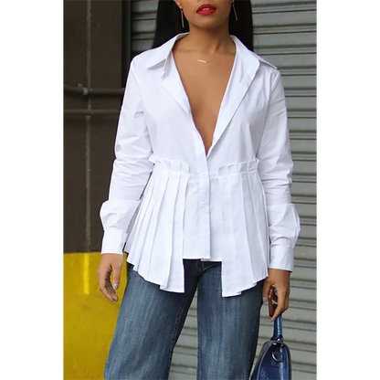 Samantha – Plus Size White Pleated V-Neck Long Sleeve Shirt