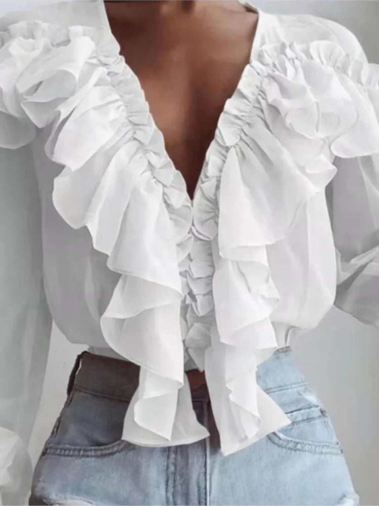 Samantha – Women's Spring/Autumn V-Neck Pleated Ruffle Blouse