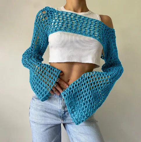 Azura - Chic Hollow Knit Crop Sweater for Women