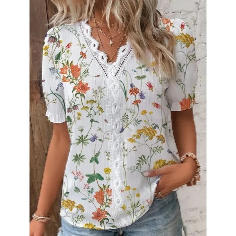 Charlotte – Women's Summer V-Neck Lace Patchwork Printed Shirt