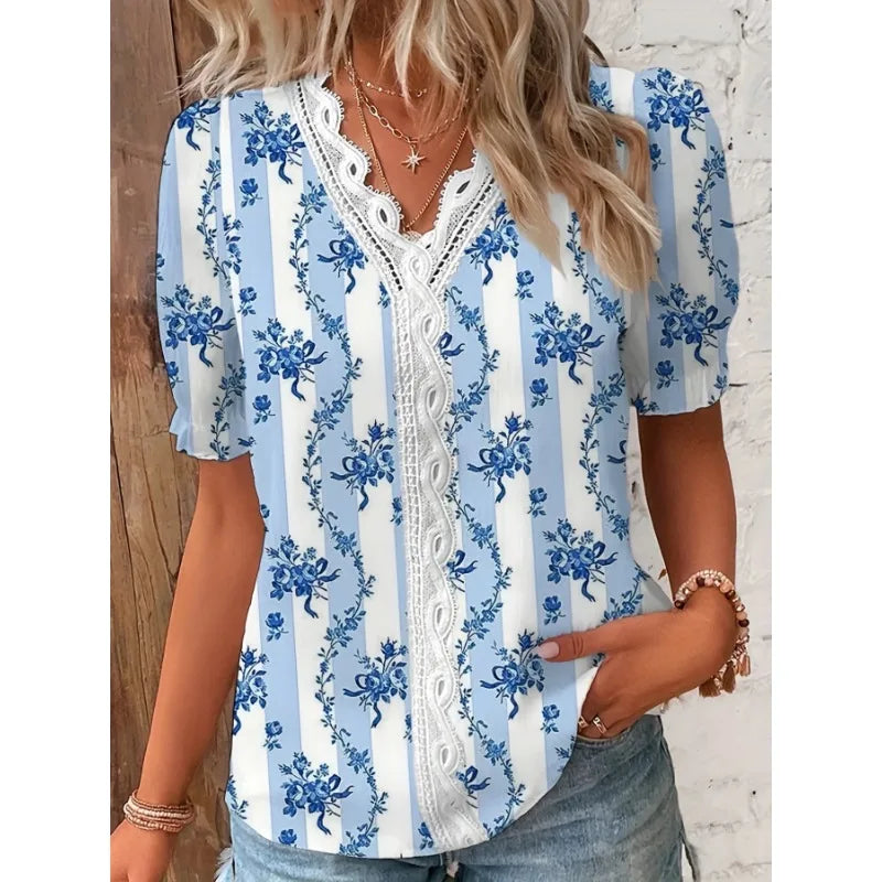 Charlotte – Women's Summer V-Neck Lace Patchwork Printed Shirt