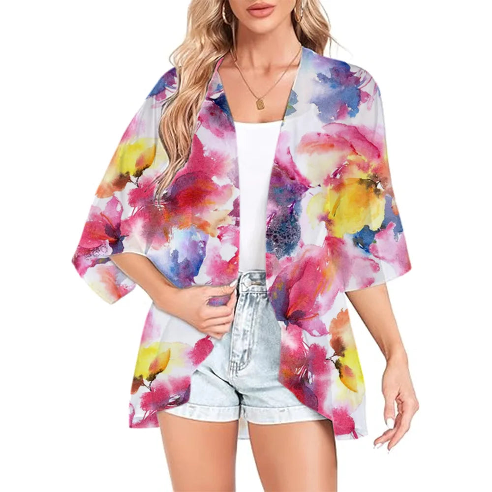 Annelise - Trendy Watercolor Floral Kimono Cardigan for Women