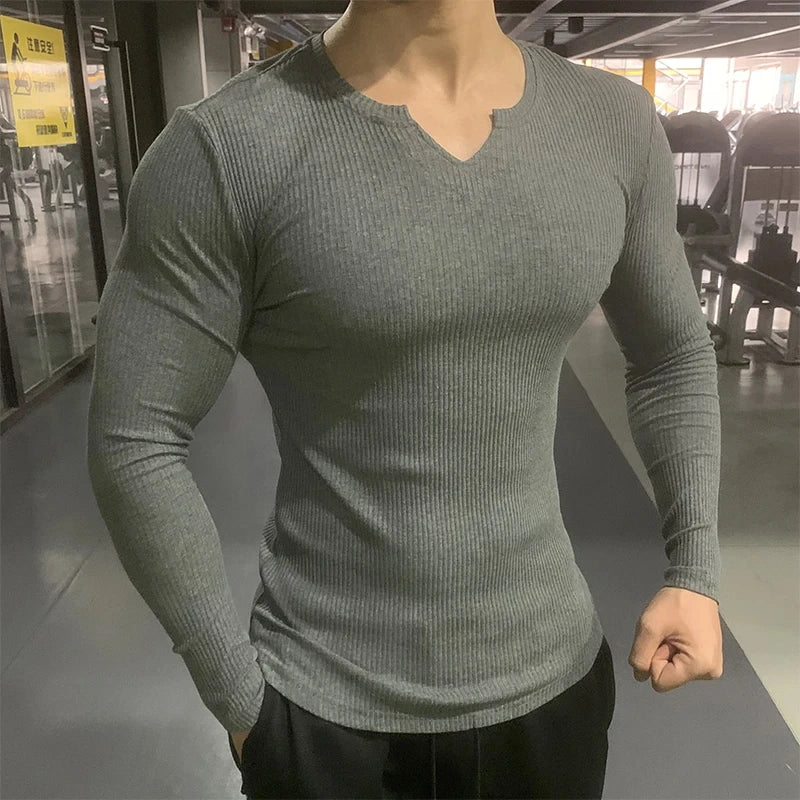 Isaac – Long Sleeve Textured V-Neck Sports T-Shirt for Men