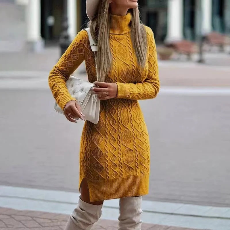 Evangeline - Elegant High Neck Knitted Sweater Dress for Women