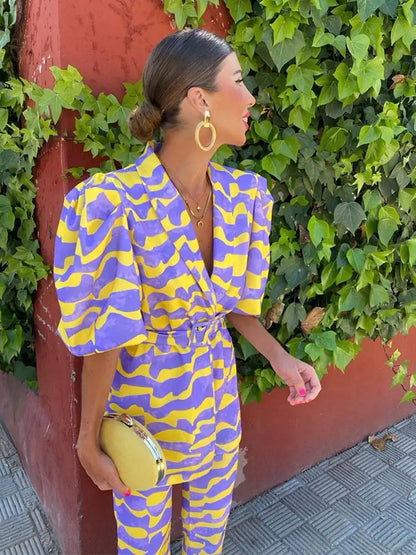 Fiore Set - Bold Yellow and Purple Printed Outfit with Puff Sleeves