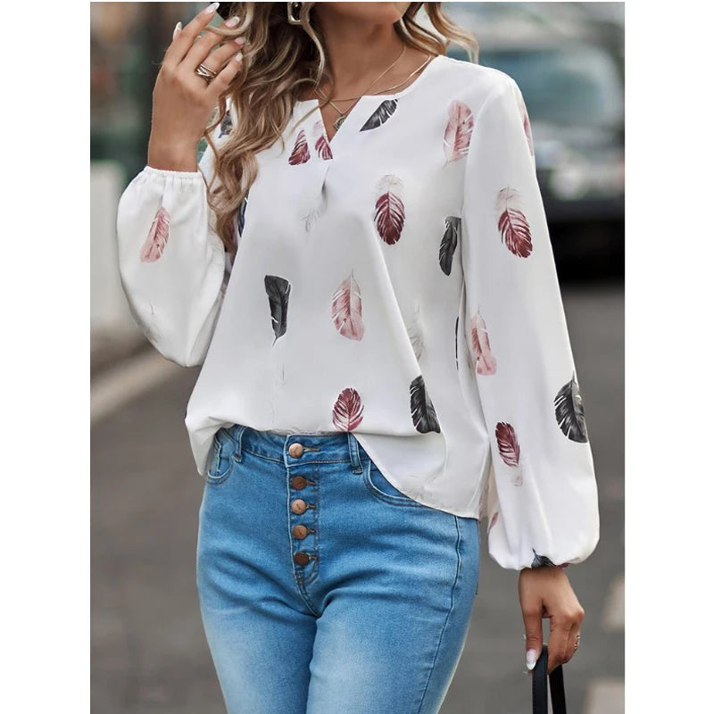 Naomi – Feather Pattern Chiffon Blouse for Women