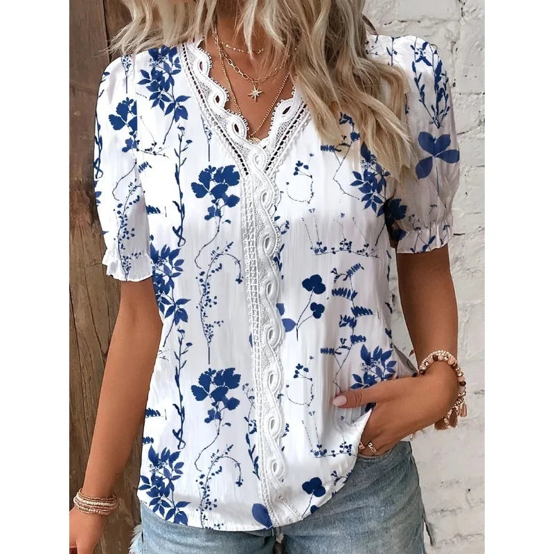 Charlotte – Women's Summer V-Neck Lace Patchwork Printed Shirt