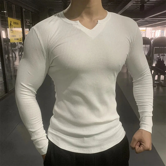 Isaac – Long Sleeve Textured V-Neck Sports T-Shirt for Men