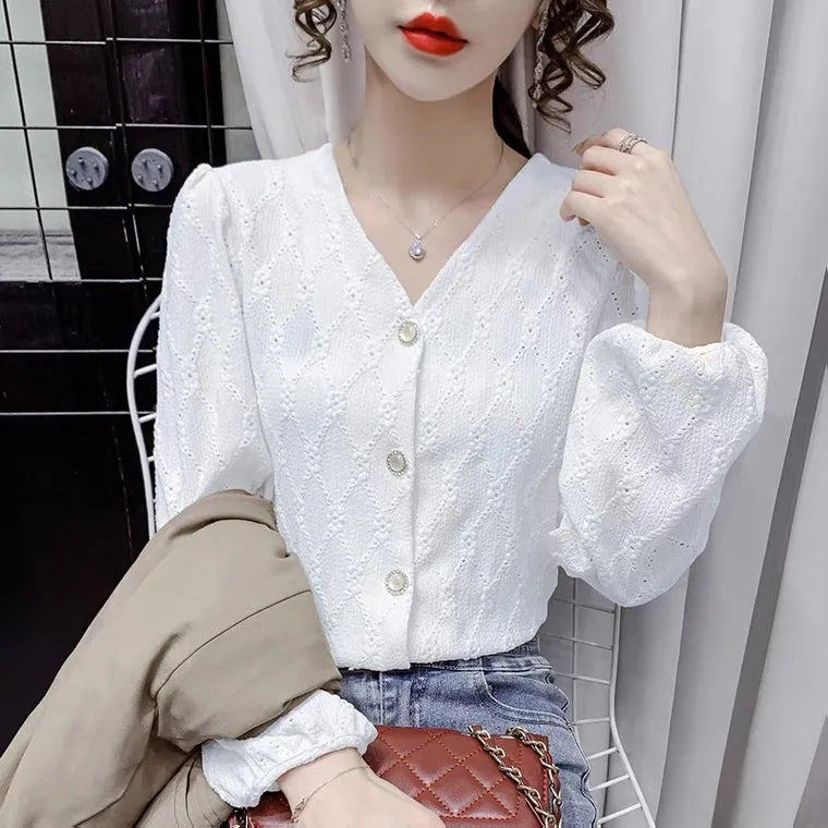 Laura – Jacquard Polo-Neck Open Stitch Blouse