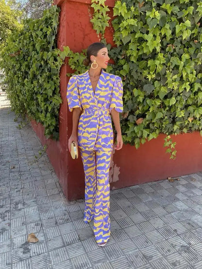 Fiore Set - Bold Yellow and Purple Printed Outfit with Puff Sleeves